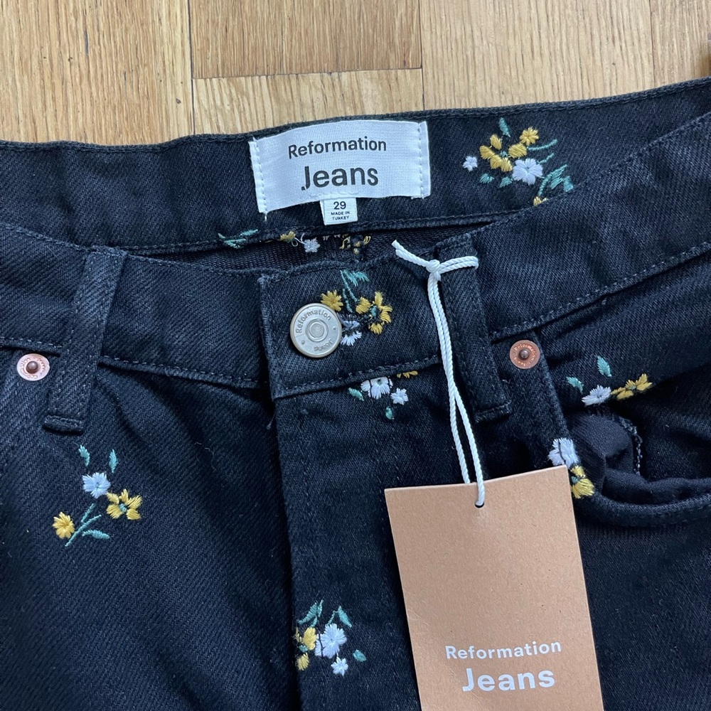 Black embroidered Reformation Jeans